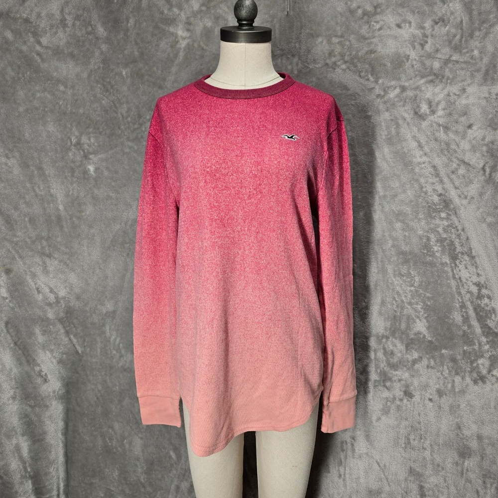 Hollister Unisex Long Sleeve Ombre Pink‎ Thermal Top Size L Gradient Curved Hem